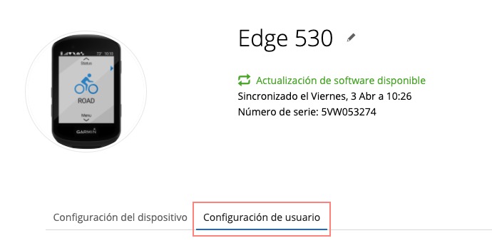 Garmin configuración del usuario