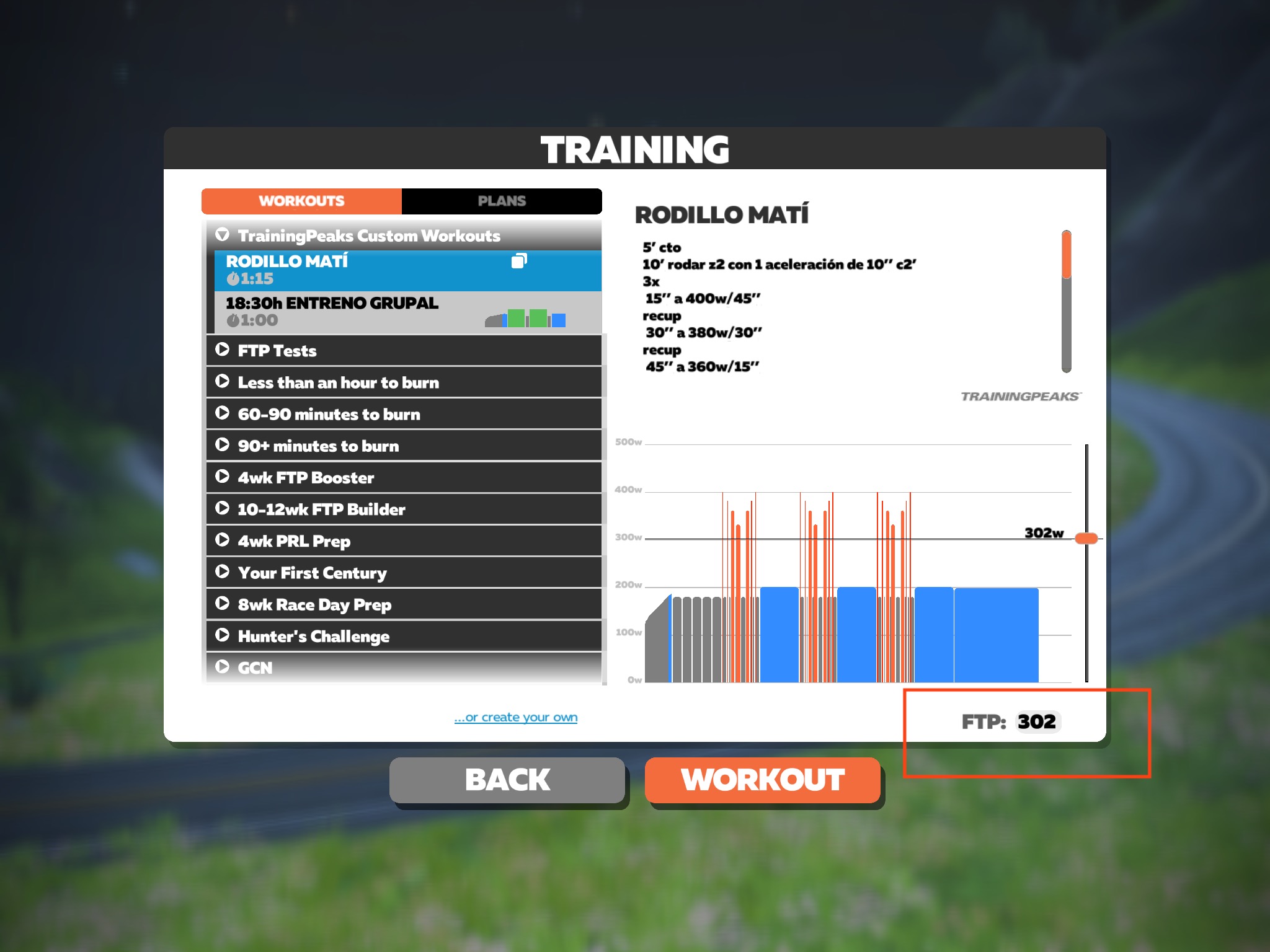 Zwift workout FTP